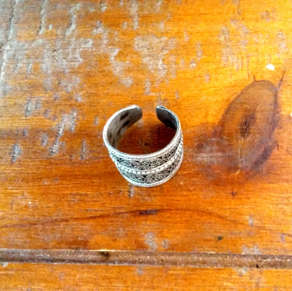 Adjustable Boho Silver Ring With Inlay Scrolls - image 2